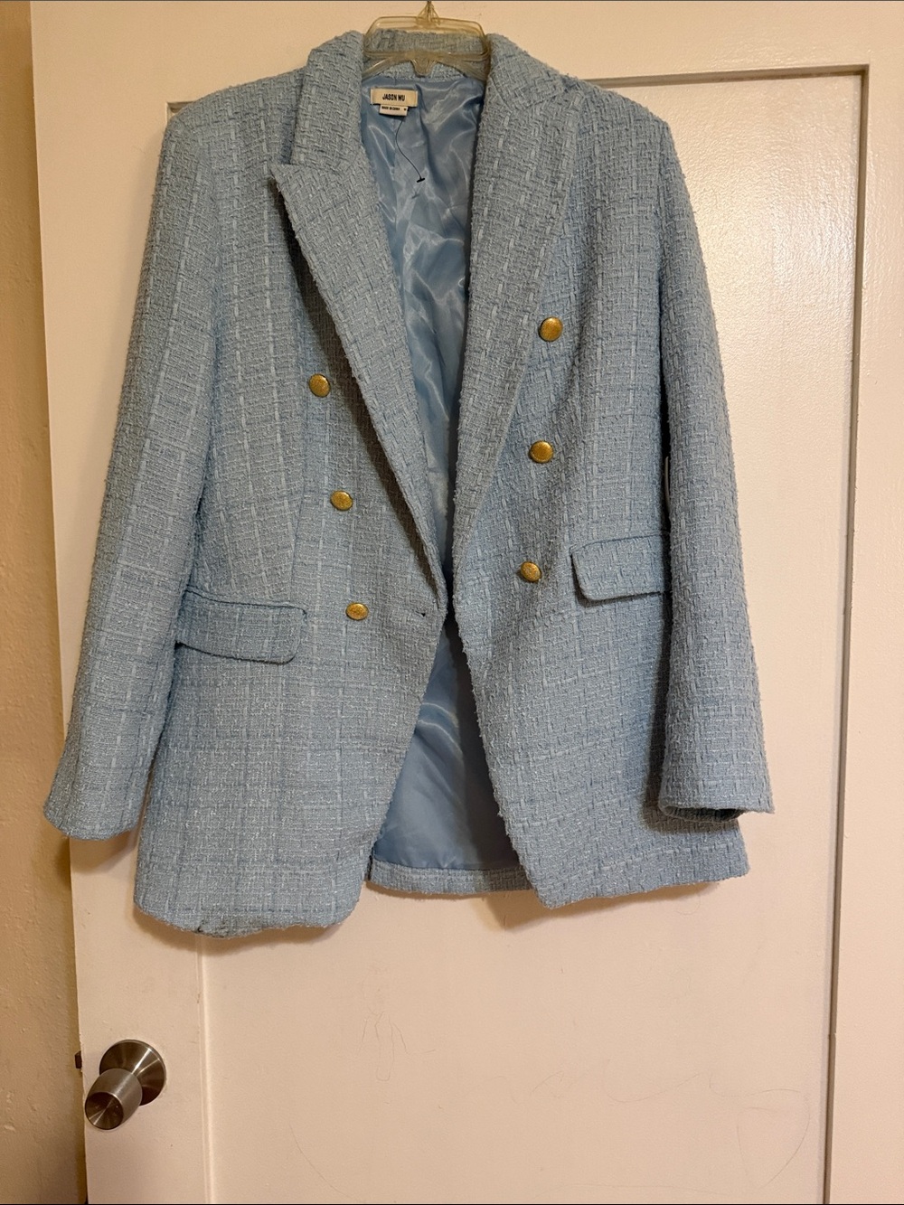 JASON WU Light Blue Textured Double-Breasted Blazer with Gold Buttons